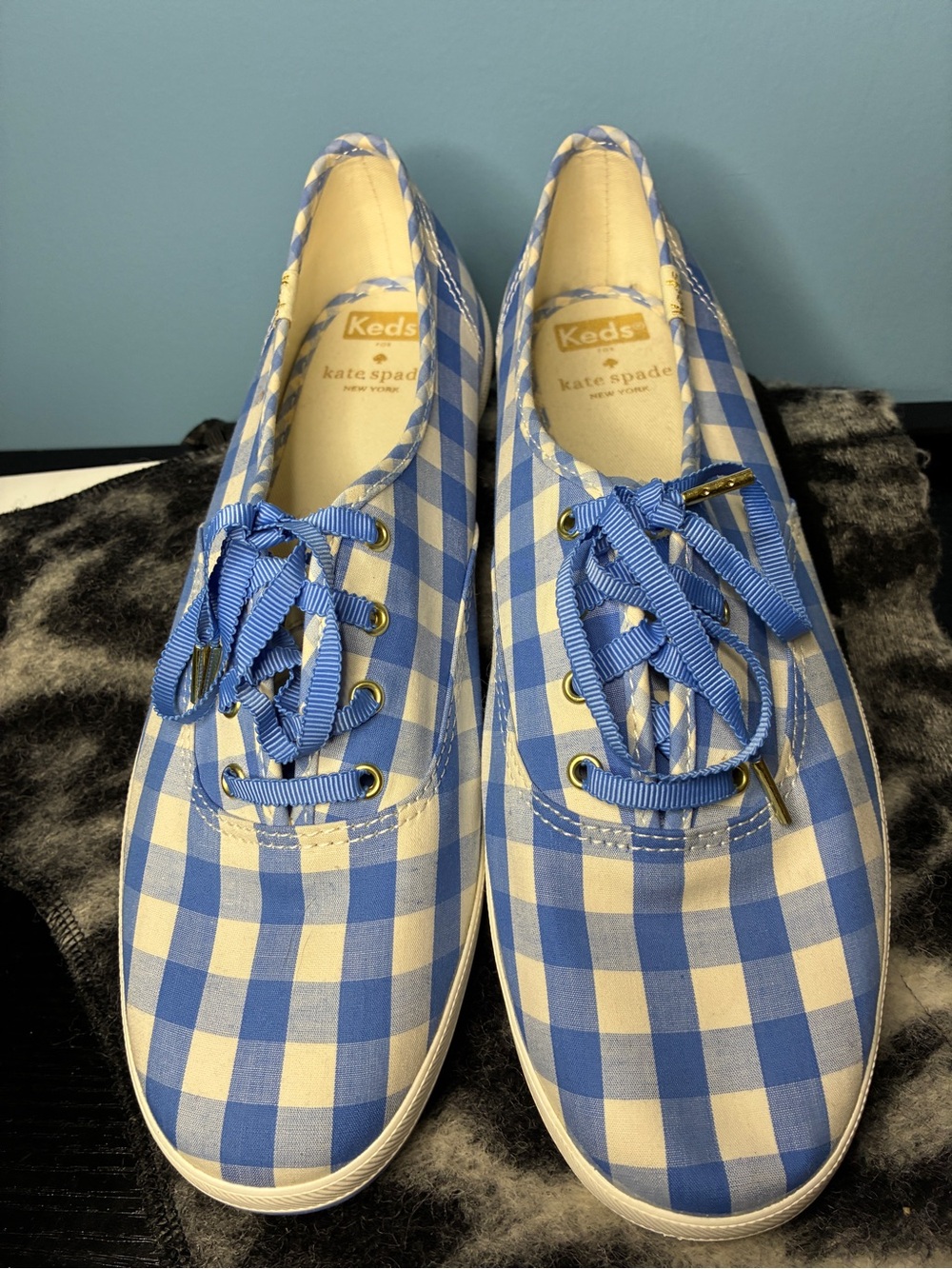 kate spade Keds Blue and White Gingham Lace-Up Sneakers